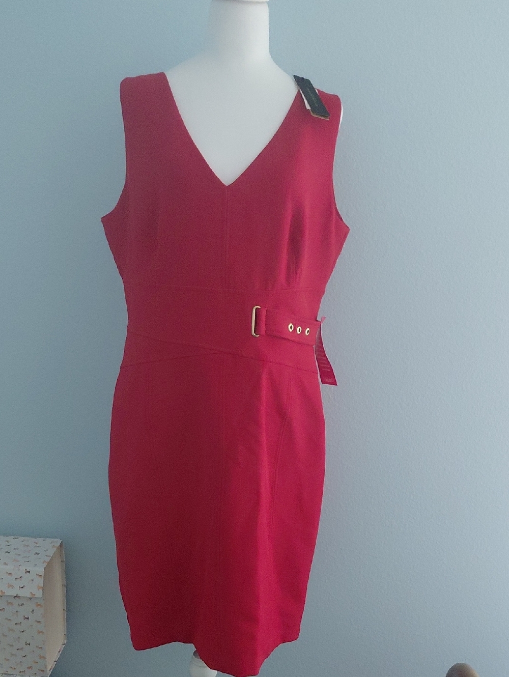 Donna Karan Sleeveless V-Neck  Dress in Red with Side Belt